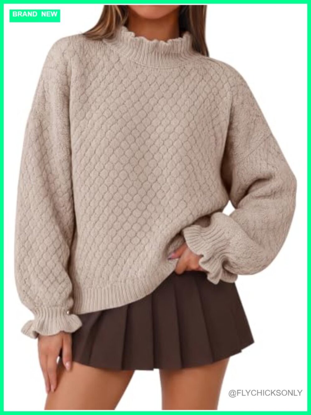 Womens Oversized Cable Knit Sweater Mock Neck Pullover Ruffle Cuff